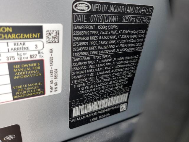 2020 LAND ROVER RANGE ROVE SALWS2RU4LA882304