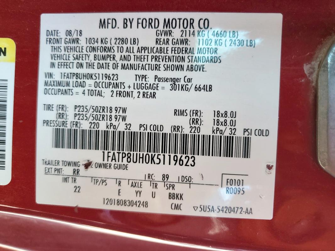 2019 FORD MUSTANG 1FATP8UH0K5119623