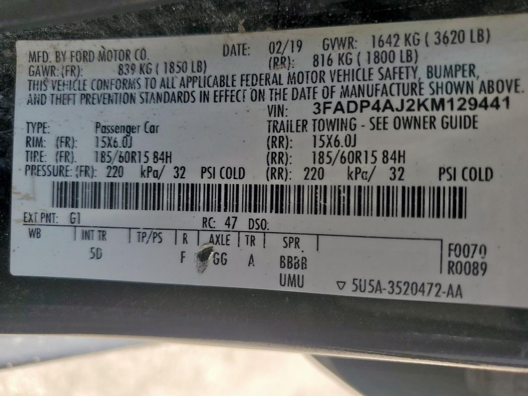 2019 FORD FIESTA S 3FADP4AJ2KM129441