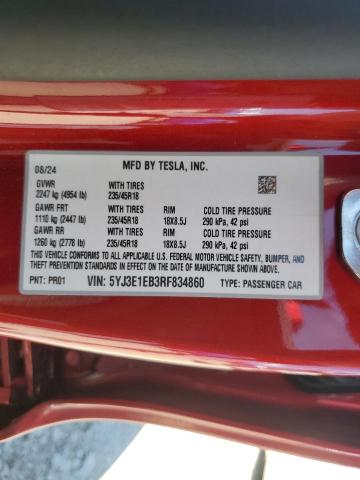 2024 TESLA MODEL 3 5YJ3E1EB3RF834860
