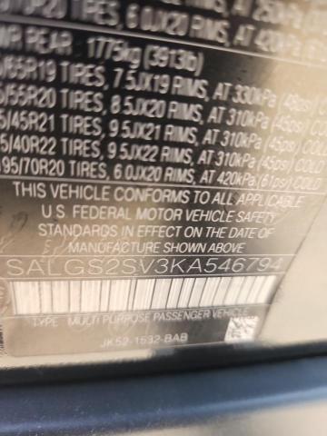 2019 LAND ROVER RANGE ROVE SALGS2SV3KA546794