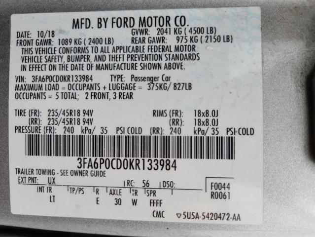 2019 FORD FUSION SEL - 3FA6P0CD0KR133984