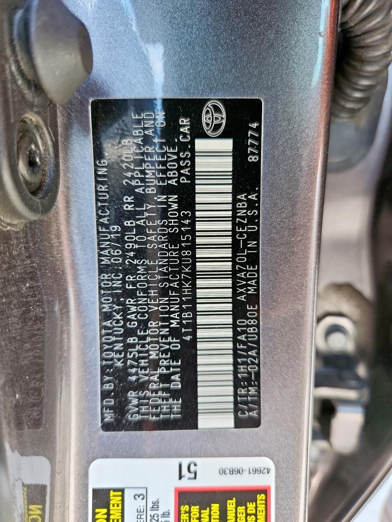 2019 TOYOTA CAMRY L 4T1B11HK7KU815143