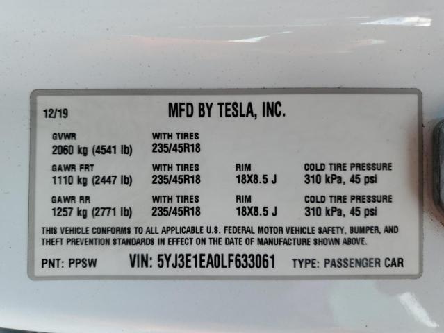 2020 TESLA MODEL 3 5YJ3E1EA0LF633061