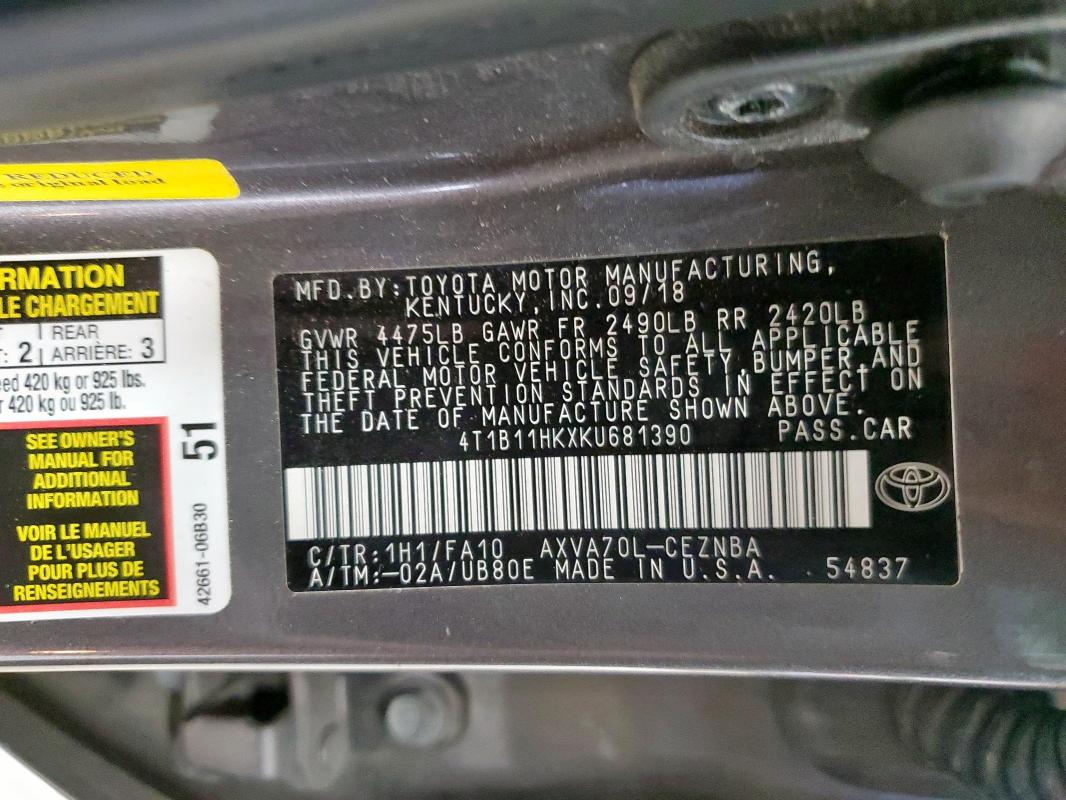 2019 TOYOTA CAMRY L 4T1B11HKXKU681390