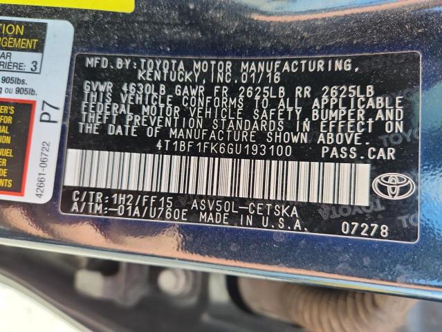 2016 TOYOTA CAMRY LE 4T1BF1FK6GU193100