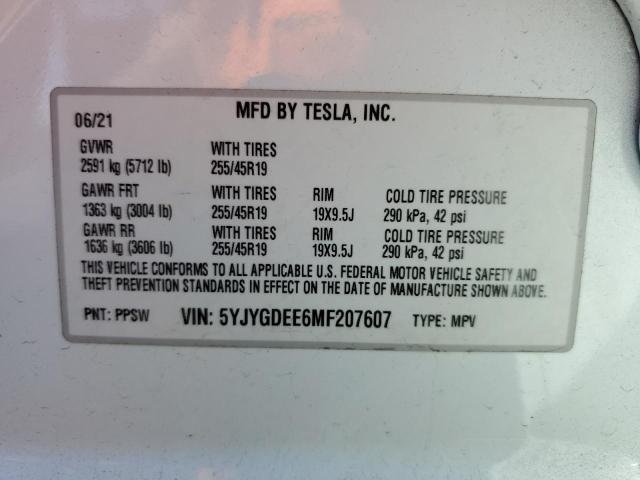 2021 TESLA MODEL Y 5YJYGDEE6MF207607