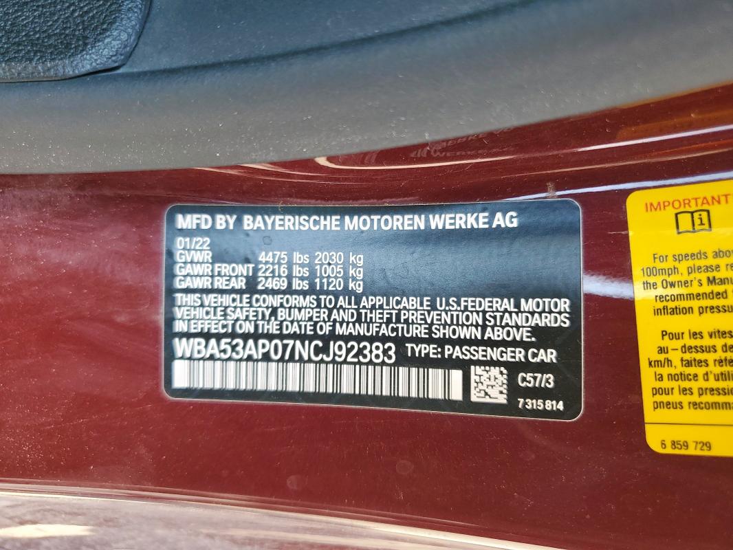 2022 BMW 430I WBA53AP07NCJ92383