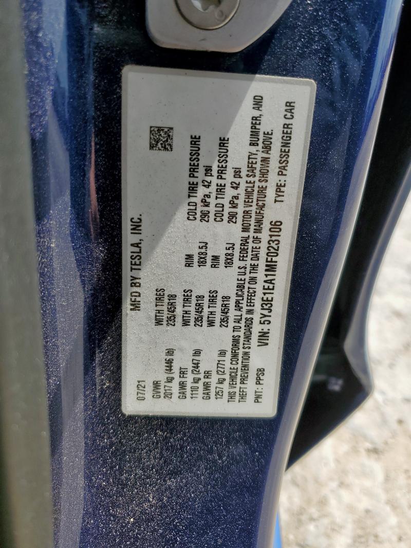 2021 TESLA MODEL 3 5YJ3E1EA1MF023106