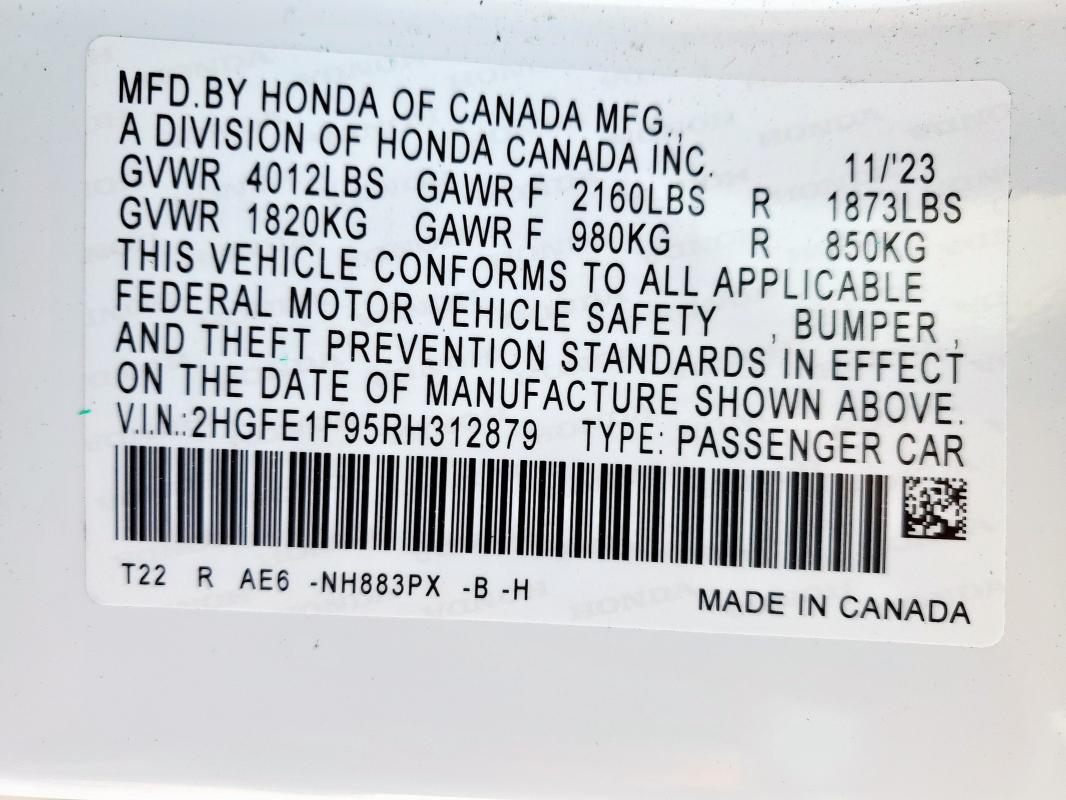2024 HONDA CIVIC TOUR 2HGFE1F95RH312879
