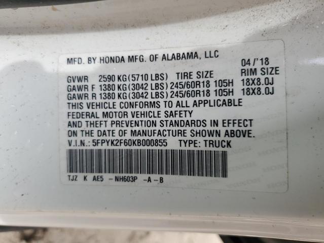 2019 HONDA RIDGELINE 5FPYK2F60KB000855