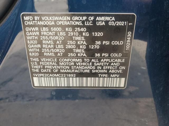 2021 VOLKSWAGEN ATLAS CROS 1V2PE2CA0MC221892