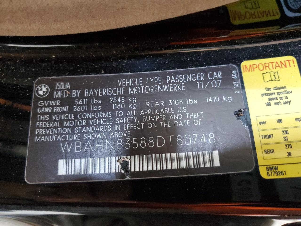 Lot #3260563073 2008 BMW 750 LI