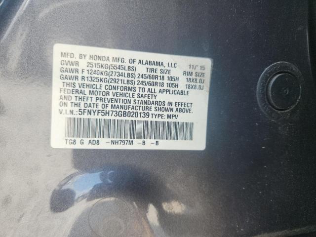 2016 HONDA PILOT EXLN 5FNYF5H73GB020139