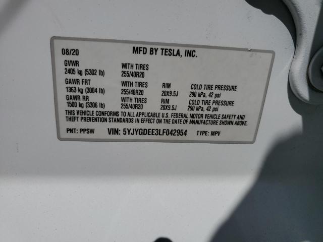 2020 TESLA MODEL Y 5YJYGDEE3LF042954