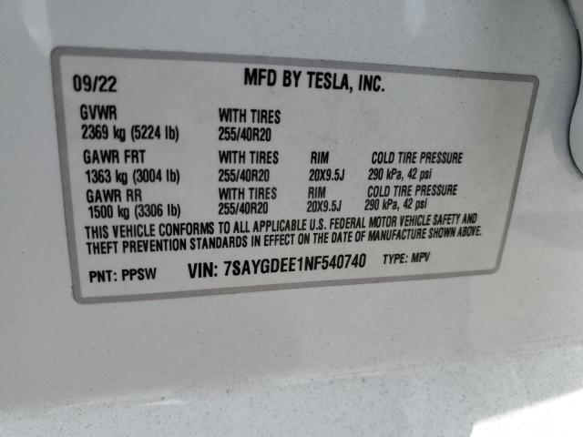 2022 TESLA MODEL Y - 7SAYGDEE1NF540740