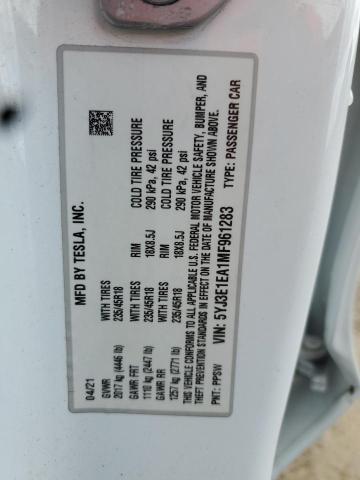 2021 TESLA MODEL 3 5YJ3E1EA1MF961283
