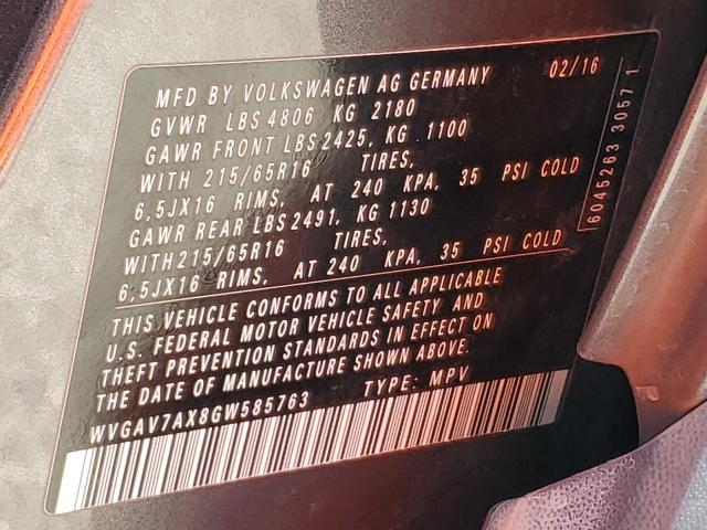 2016 VOLKSWAGEN TIGUAN S WVGAV7AX8GW585763