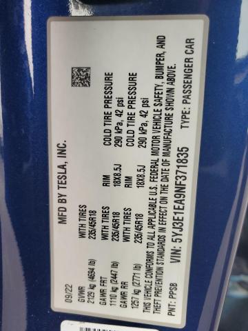 2022 TESLA MODEL 3 5YJ3E1EA9NF371835