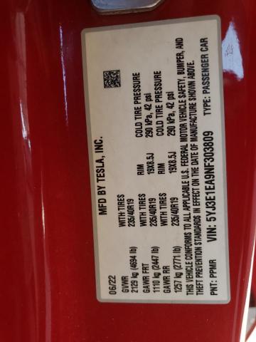 2022 TESLA MODEL 3 5YJ3E1EA9NF303809