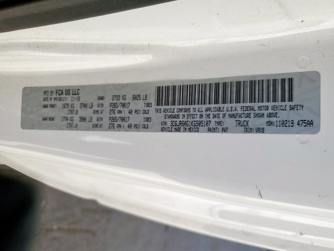 2019 RAM 1500 CLASSIC TRADESMAN 3C6JR6AG1KG505107