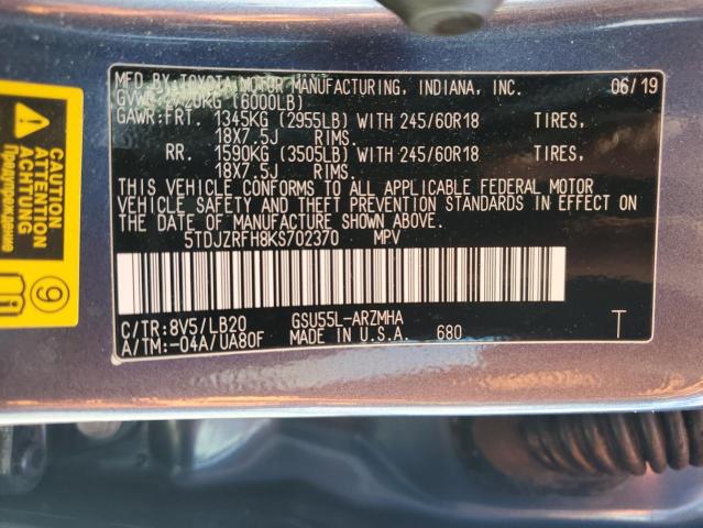 2019 TOYOTA HIGHLANDER 5TDJZRFH8KS702370