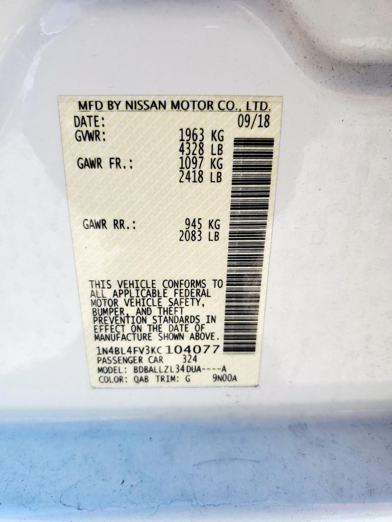 2019 NISSAN ALTIMA PLA 1N4BL4FV3KC104077