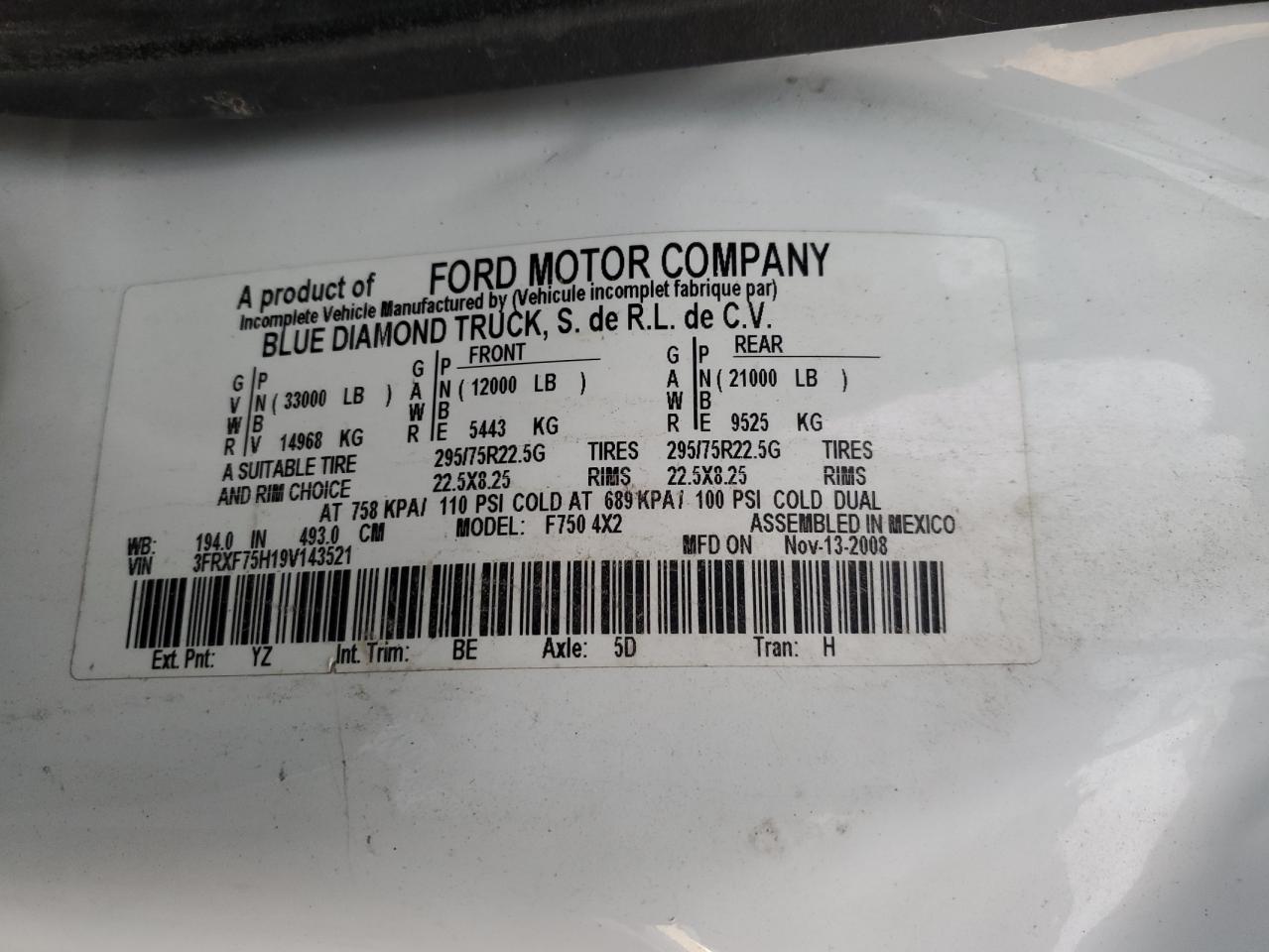 Lot #3287321001 2009 FORD F750 SUPER
