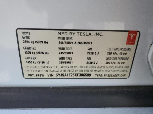 2019 TESLA MODEL S 5YJSA1E25KF306508