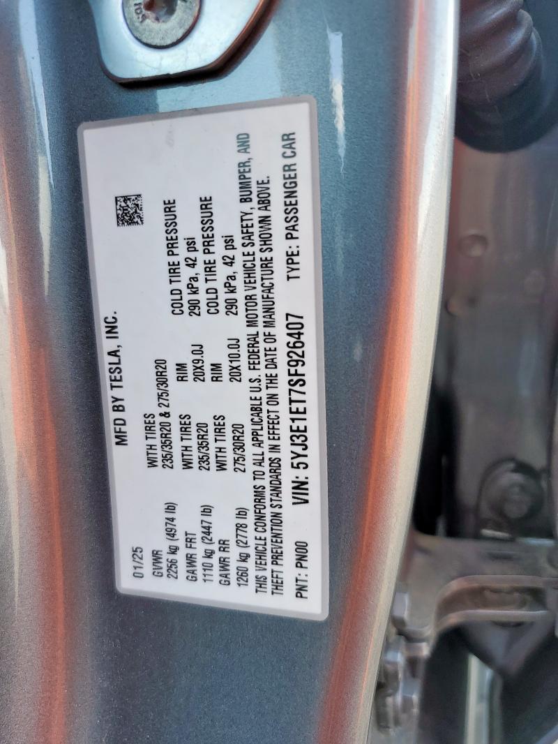 2025 TESLA MODEL 3 5YJ3E1ET7SF926407