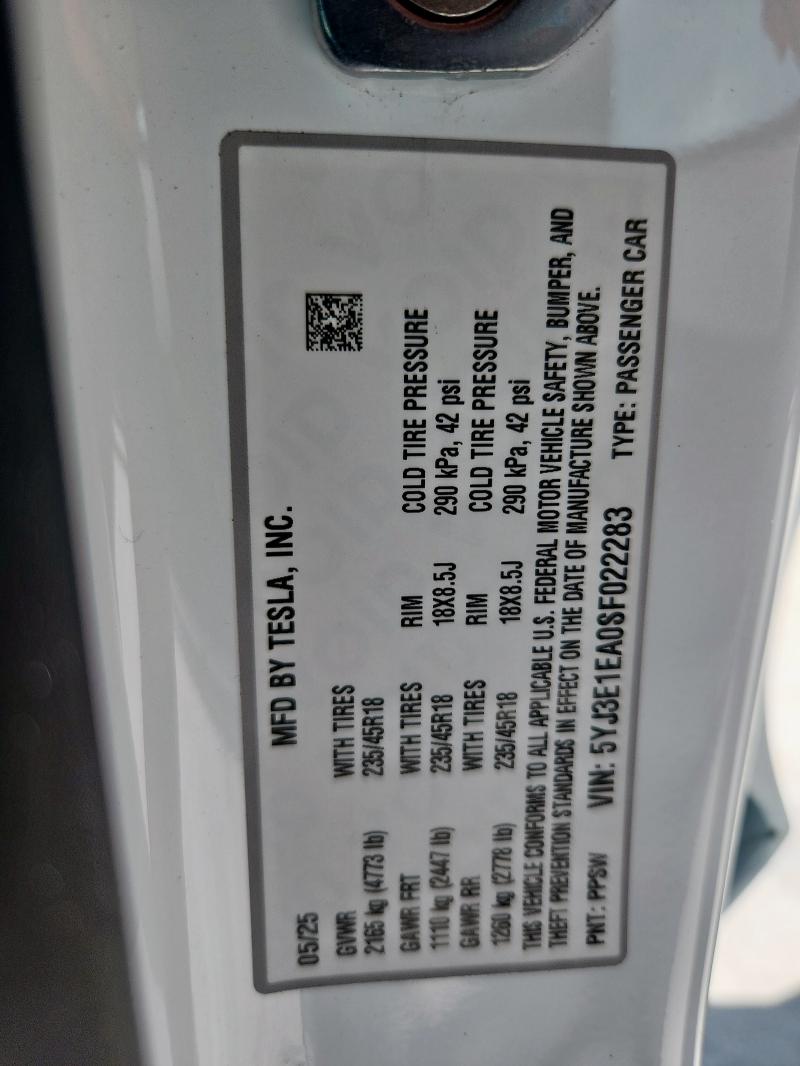 2025 TESLA MODEL 3 5YJ3E1EA0SF022283