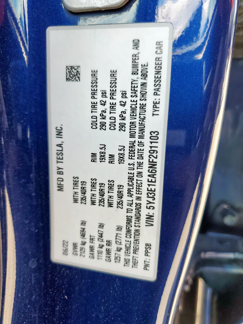 2022 TESLA MODEL 3 5YJ3E1EA6NF291103