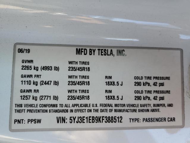 2019 TESLA MODEL 3 5YJ3E1EB9KF388512