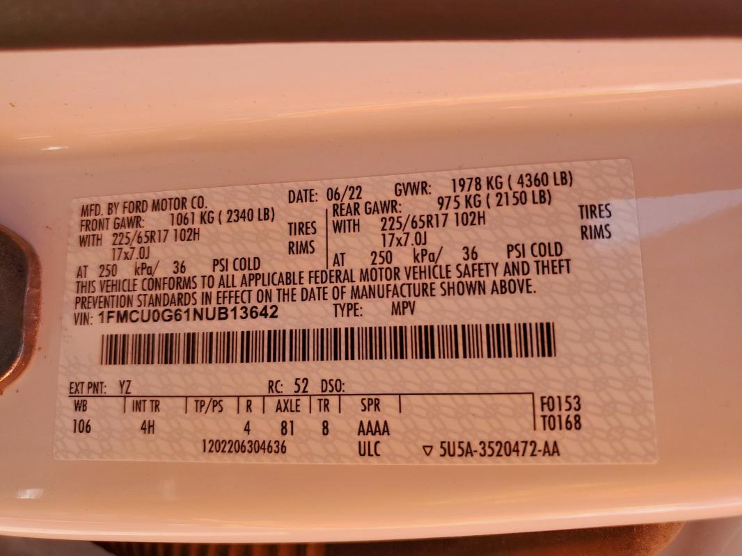 2022 FORD ESCAPE SE - 1FMCU0G61NUB13642