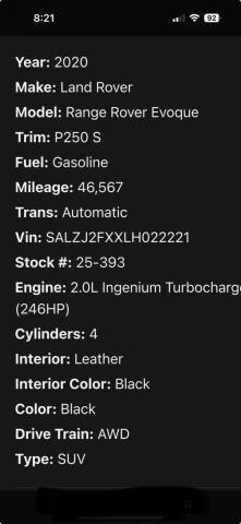 2020 LAND ROVER RANGE ROVE SALZJ2FXXLH022XXX