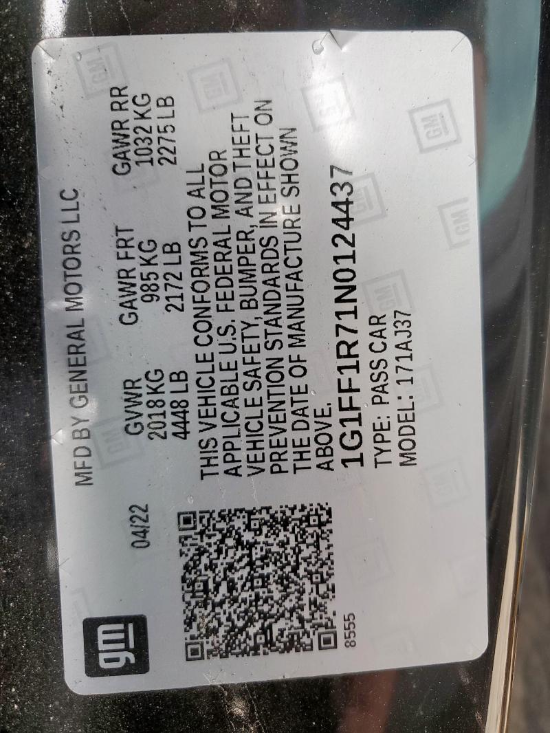 2022 CHEVROLET CAMARO LT1 1G1FF1R71N0124437
