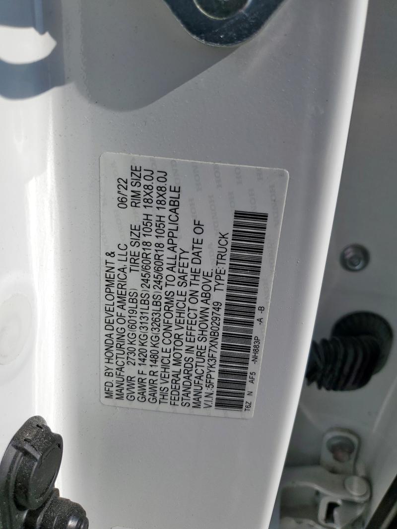2022 HONDA RIDGELINE RTL 5FPYK3F7XNB029749