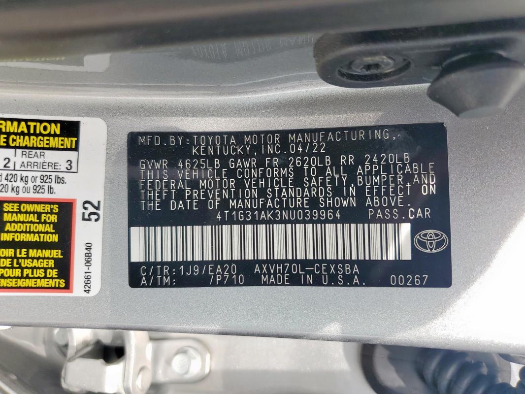 2022 TOYOTA CAMRY NIGH 4T1G31AK3NU039964