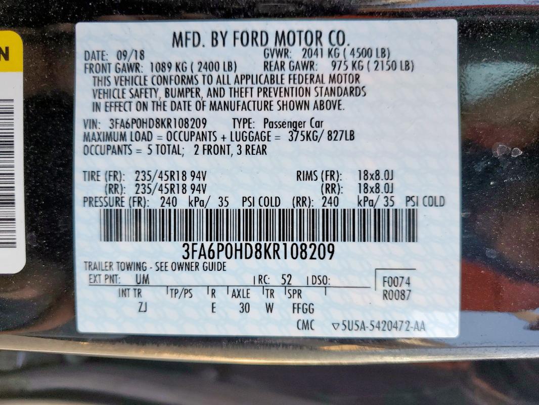 2019 FORD FUSION SE 3FA6P0HD8KR108209