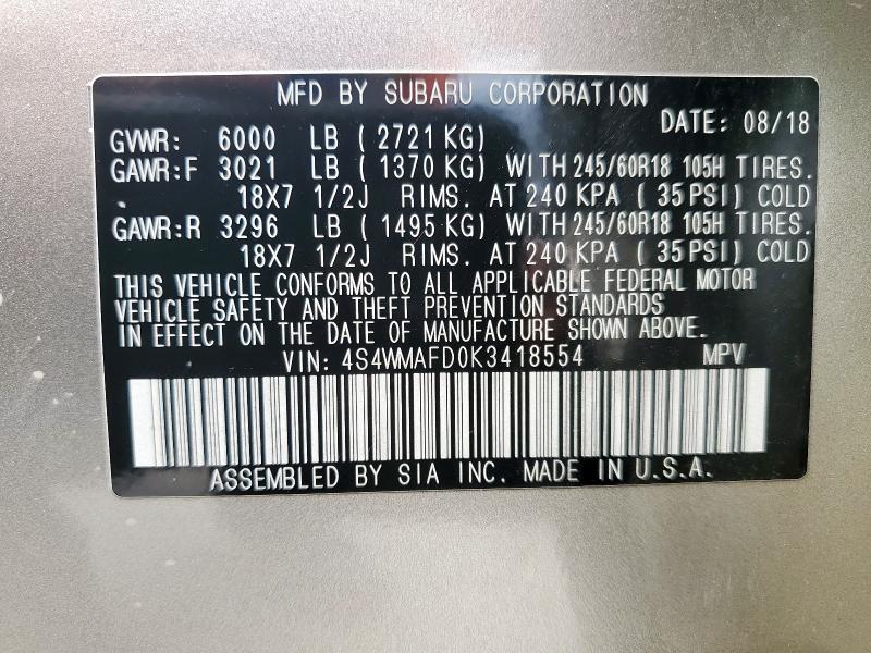 2019 SUBARU ASCENT PRE - 4S4WMAFD0K3418554