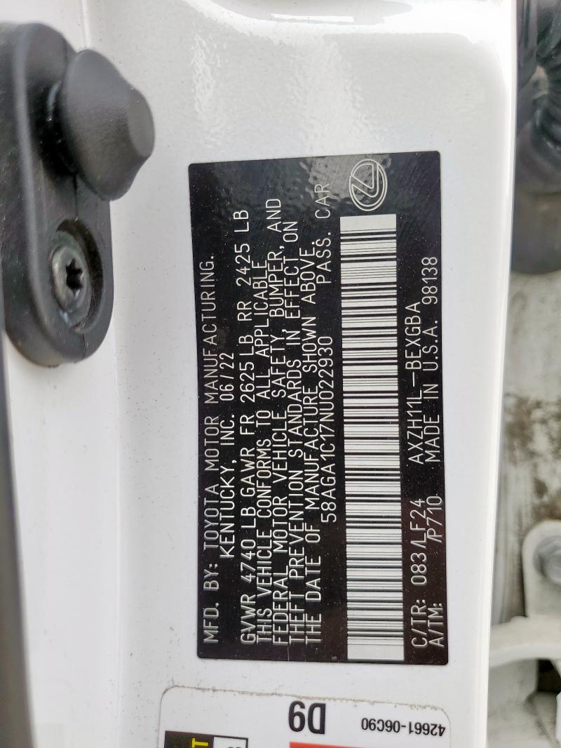 2022 LEXUS ES 300H BA 58AGA1C17NU022930