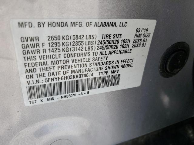 2019 HONDA PILOT ELIT 5FNYF6H02KB070614