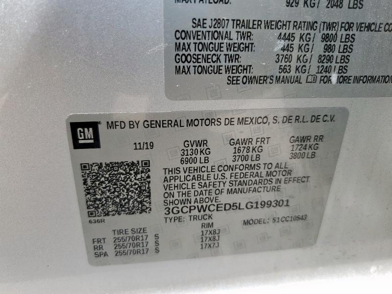 2020 CHEVROLET SILVERADO 3GCPWCED5LG199301