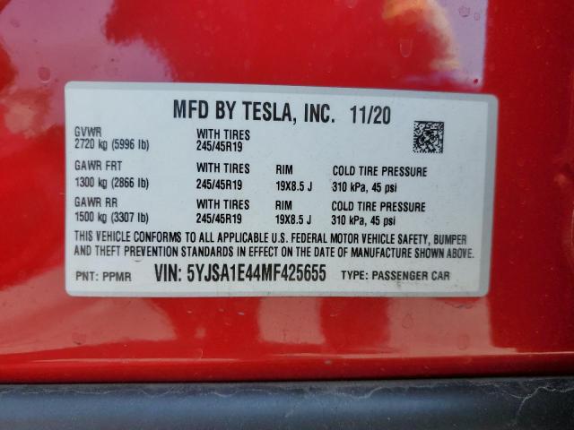 2021 TESLA MODEL S 5YJSA1E44MF425655