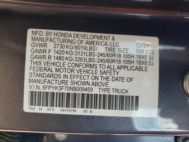 2022 HONDA RIDGELINE 5FPYK3F70NB009459