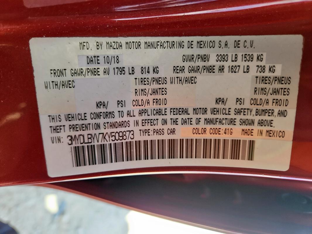 2019 TOYOTA YARIS L 3MYDLBYV7KY509873