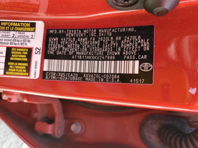 2019 TOYOTA CAMRY L 4T1B11HK6KU247886