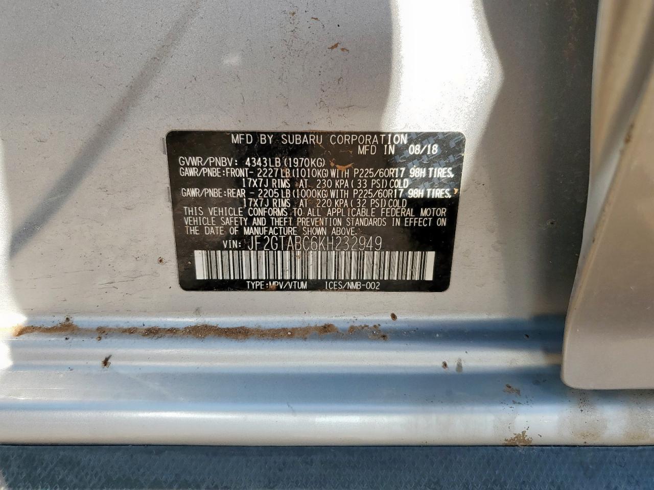 Lot #3315942108 2019 SUBARU CROSSTREK