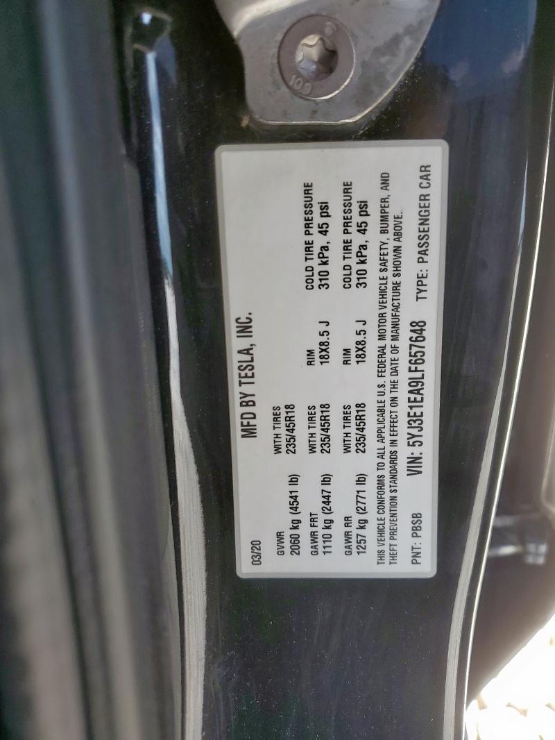 2020 TESLA MODEL 3 5YJ3E1EA9LF657648