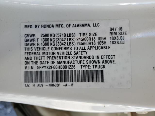 2017 HONDA RIDGELINE RTL 5FPYK2F66HB001226